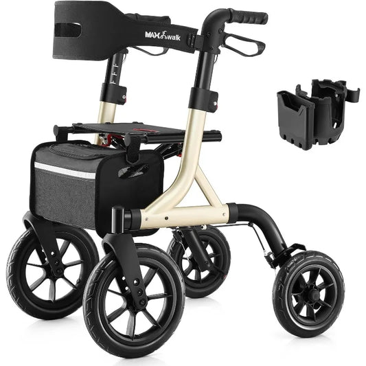 for Seniors, Rollator Walker with Seat, 12" Big Rubber Wheels All Terrain Rollator Walker with Backrest, Built-in Cable,